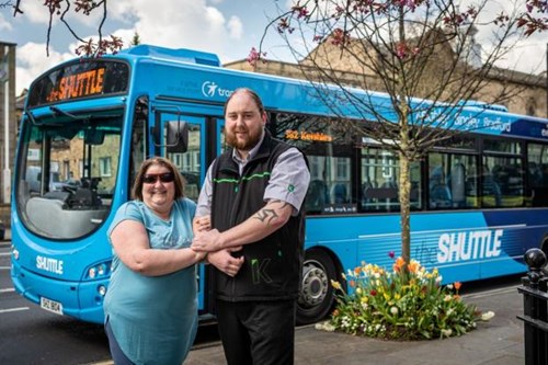 Transdev bus driver Mark Adams and Jan Greenwood meet up after the incident (Image: Keighley Bus Company/Transdev)